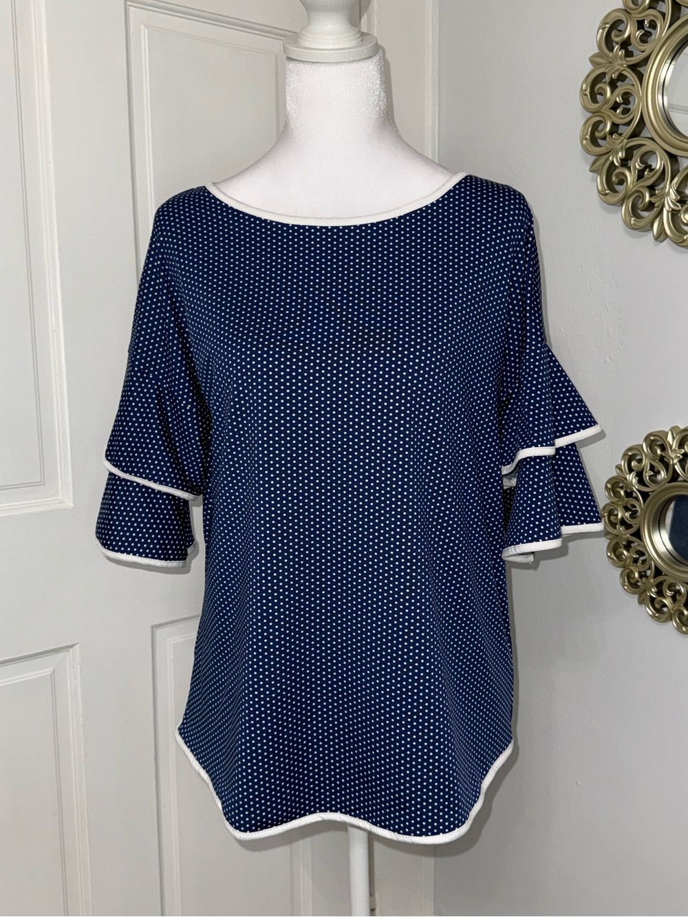 Collection B Navy Polka Dot Ruffle Sleeve Blouse with White Trim Size L.
